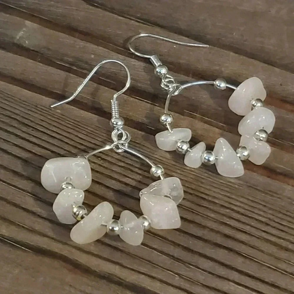 Handcrafted Baroque Rose Quartz Gemstone Sterling Silver Plated Hoop Earrings - Picture 6 of 7
